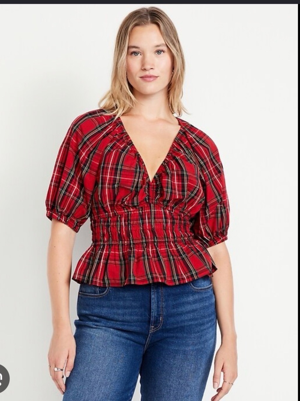 Old Navy Plaid Red Smocked Peplum Top - Women